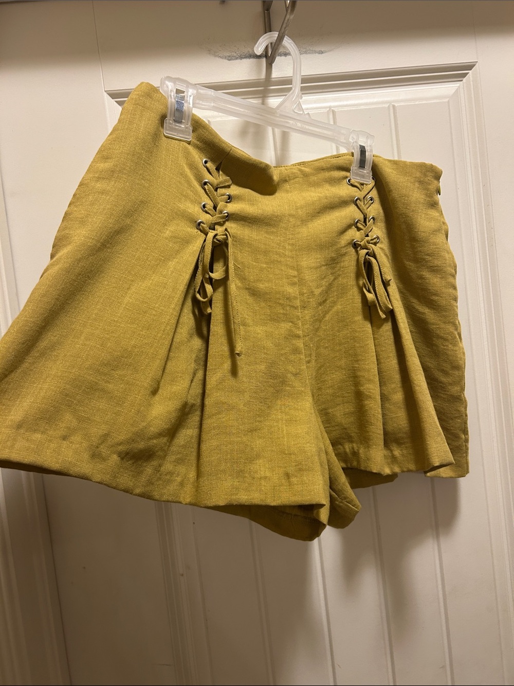 J.O.A. High-Waist Lace-Up Flared M Shorts in Mustard Yellow